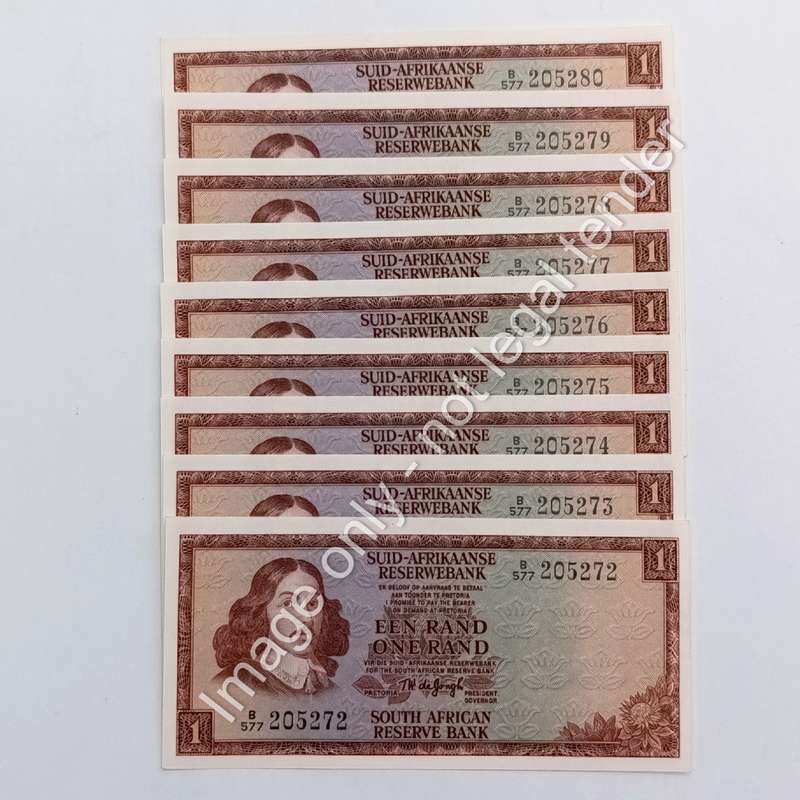 Lot of 9 TW de Jongh 1975 3rd issue R1 notes uncirculated with consecutive numbers