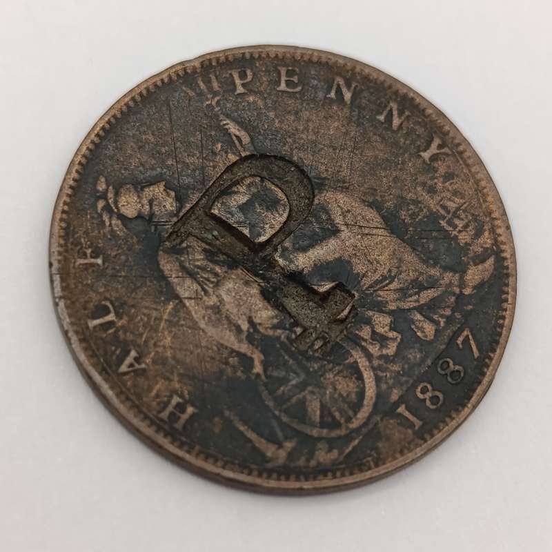 1837 Great Britain half penny with overstamped "P" and "I"