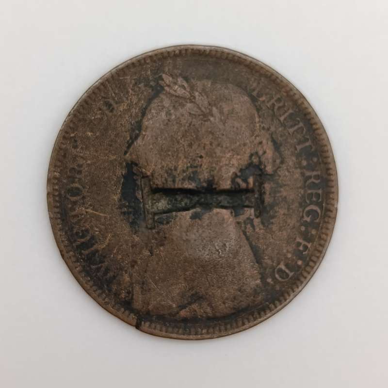 1837 Great Britain half penny with overstamped "P" and "I"