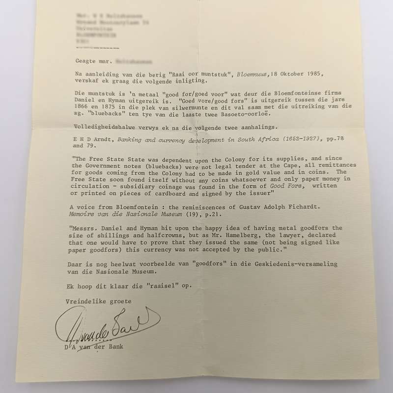Daniel and Hyman Goed Voor 2 Shilling token with letter from National Museum