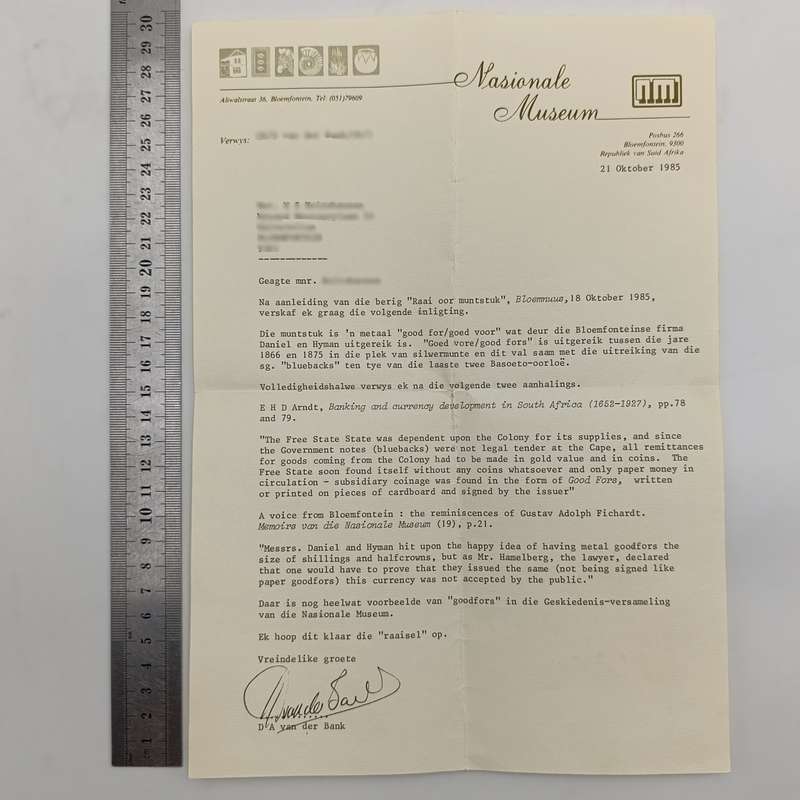 Daniel and Hyman Goed Voor 2 Shilling token with letter from National Museum