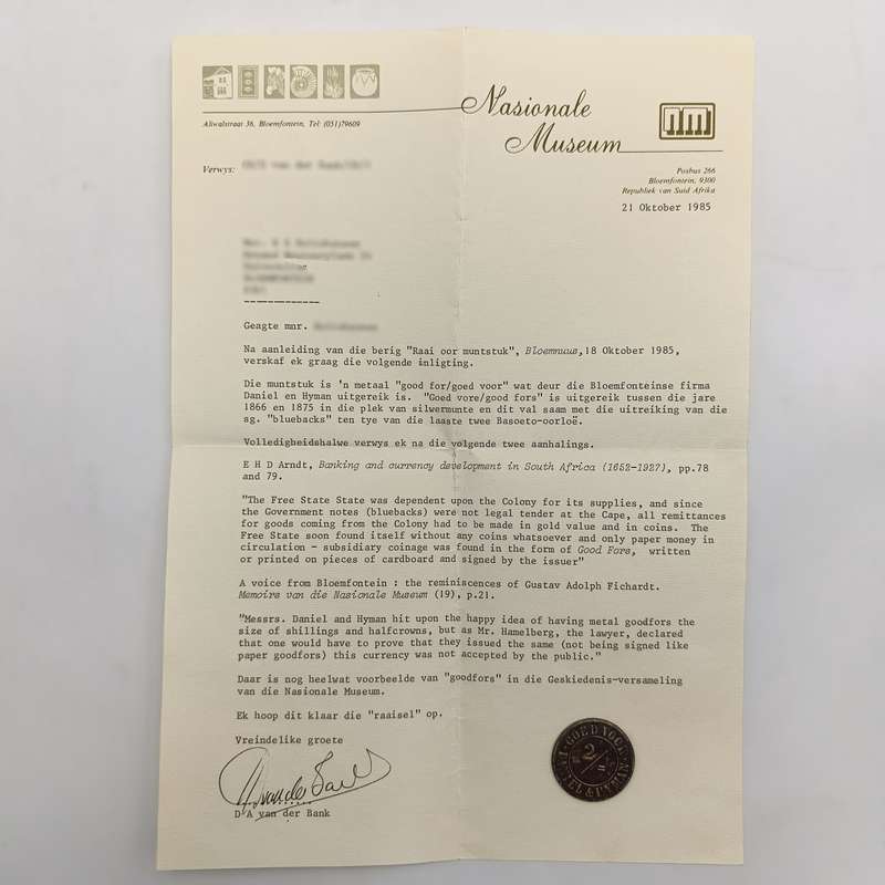 Daniel and Hyman Goed Voor 2 Shilling token with letter from National Museum