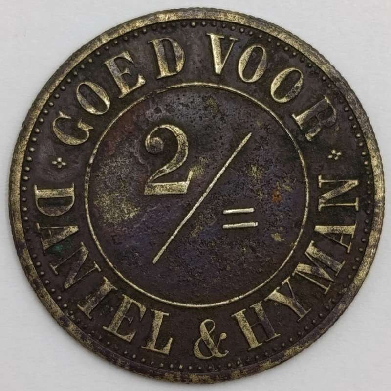 Daniel and Hyman Goed Voor 2 Shilling token with letter from National Museum