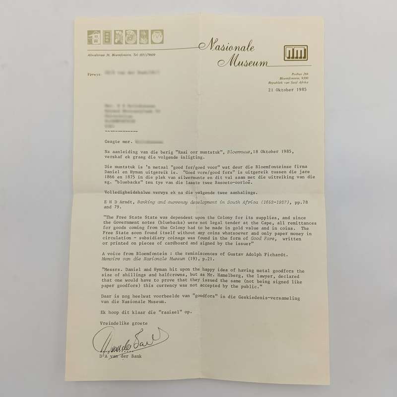 Daniel and Hyman Goed Voor 2 Shilling token with letter from National Museum