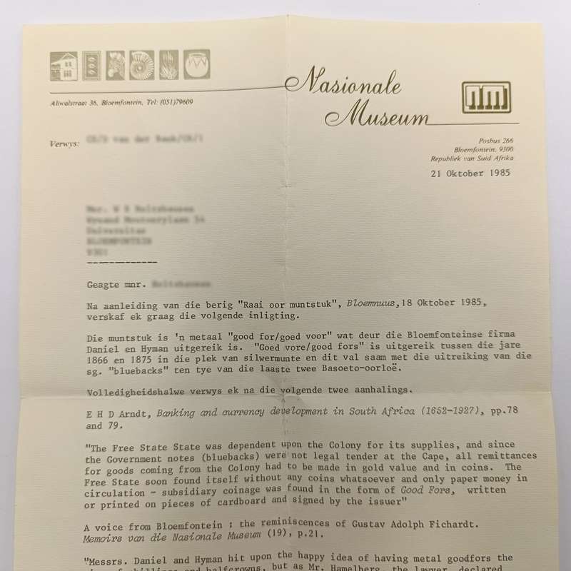 Daniel and Hyman Goed Voor 2 Shilling token with letter from National Museum