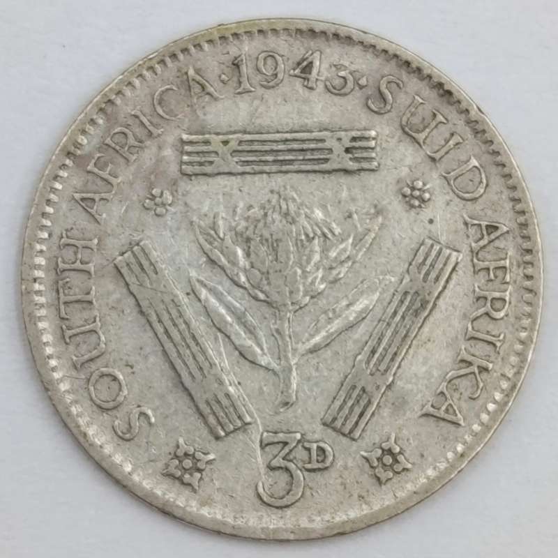 1943 South African Union 3 pence tickey - double struck "4" in date