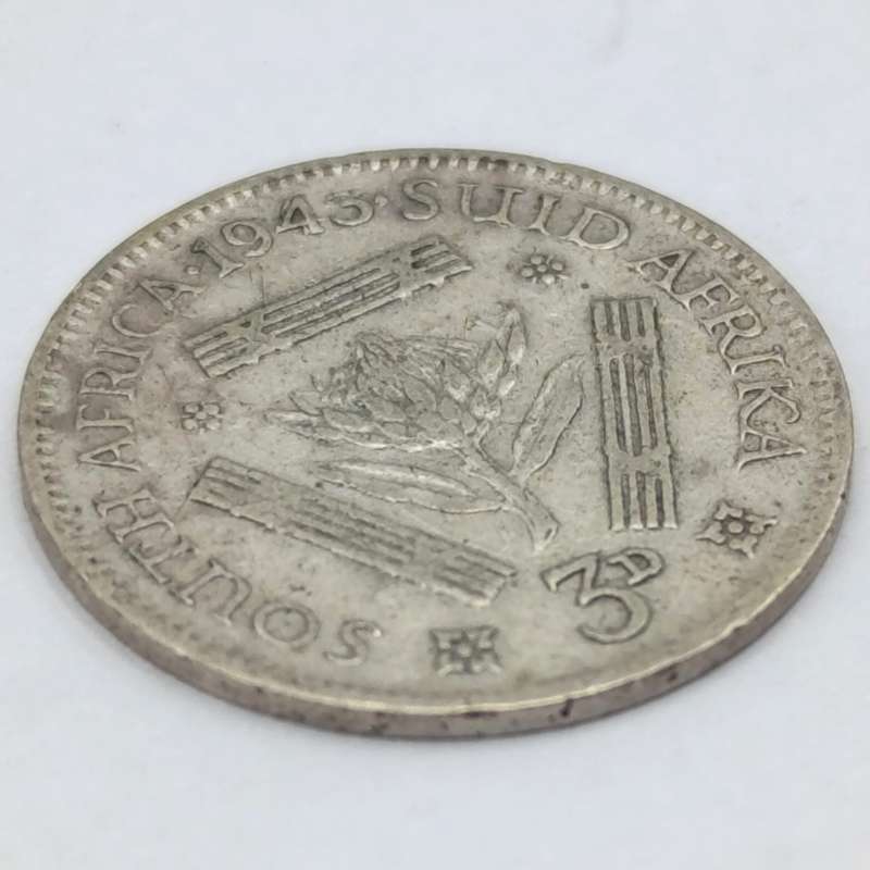 1943 South African Union 3 pence tickey - double struck "4" in date