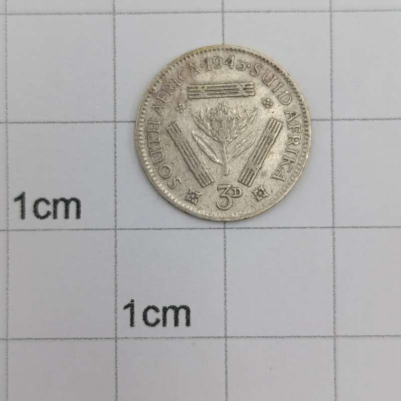 1943 South African Union 3 pence tickey - double struck "4" in date