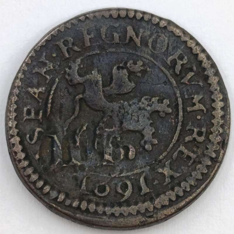 1601 Spanish 2 Maravedis rounded shape copper coin - C mint mark - overstamped "IIII"