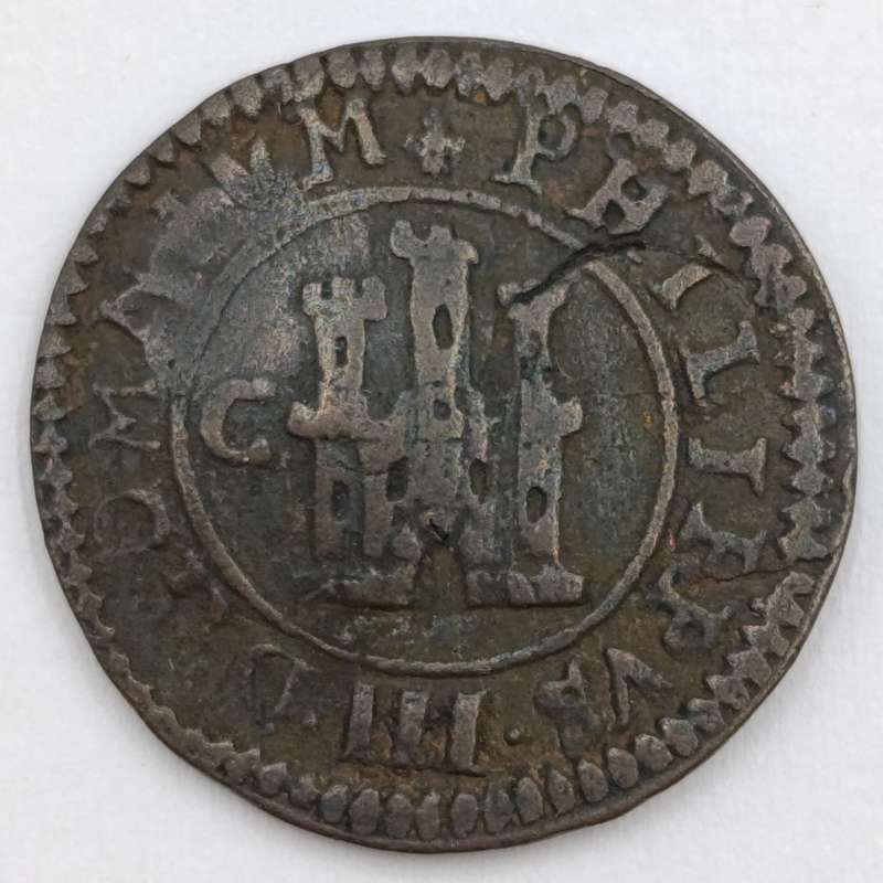 1601 Spanish 2 Maravedis rounded shape copper coin - C mint mark - overstamped "IIII"