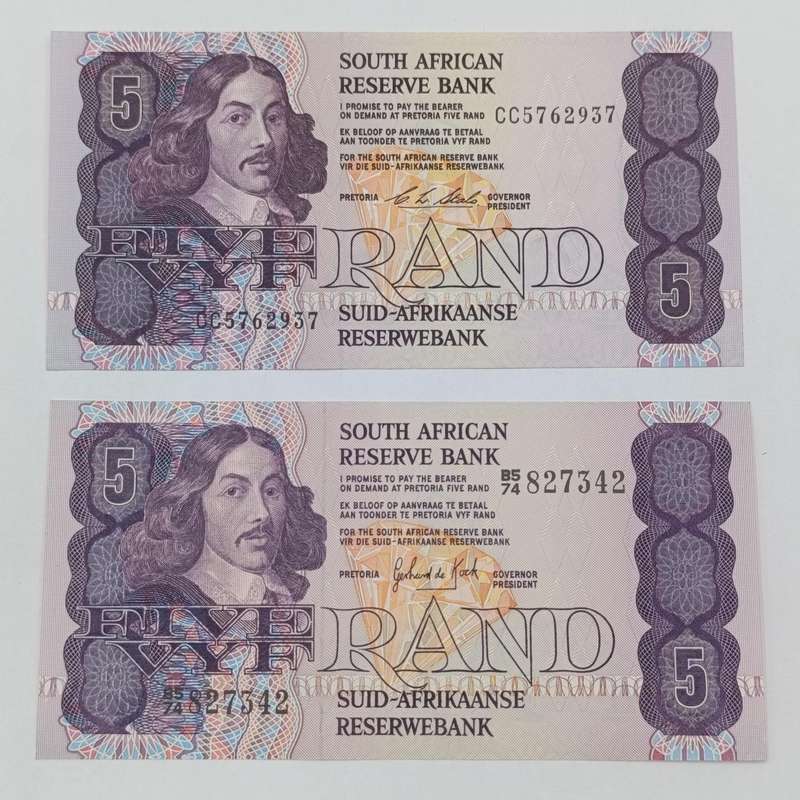 Pair of uncirculated R5 banknotes Gerhard de Kock and CL Stals