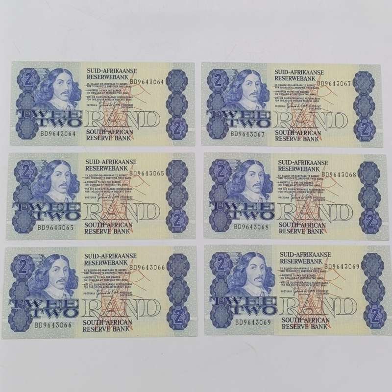 Gerhard de Kock Third issue lot of 6xR2 notes with consecutive numbers - uncirculated