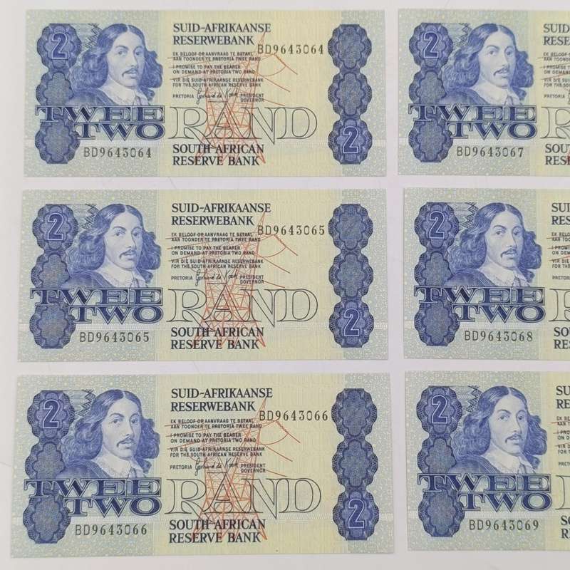 Gerhard de Kock Third issue lot of 6xR2 notes with consecutive numbers - uncirculated