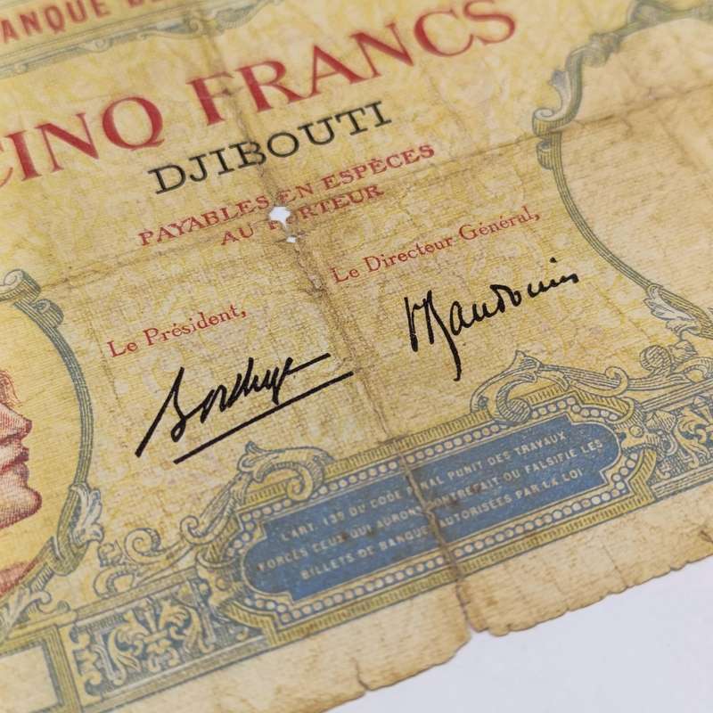 DJIBOUTI 5 Francs banknote - French Somaliland (1926-1938) well worn with tears and holes