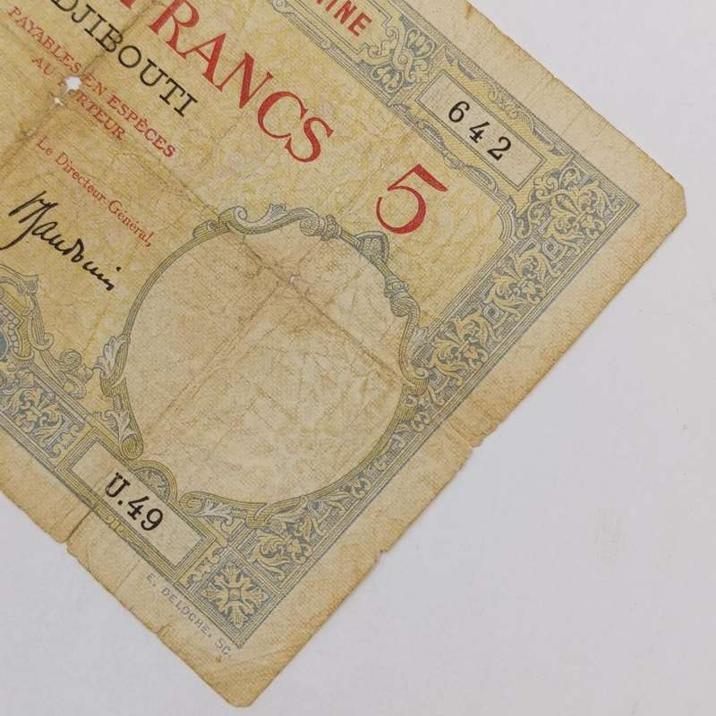 DJIBOUTI 5 Francs banknote - French Somaliland (1926-1938) well worn with tears and holes