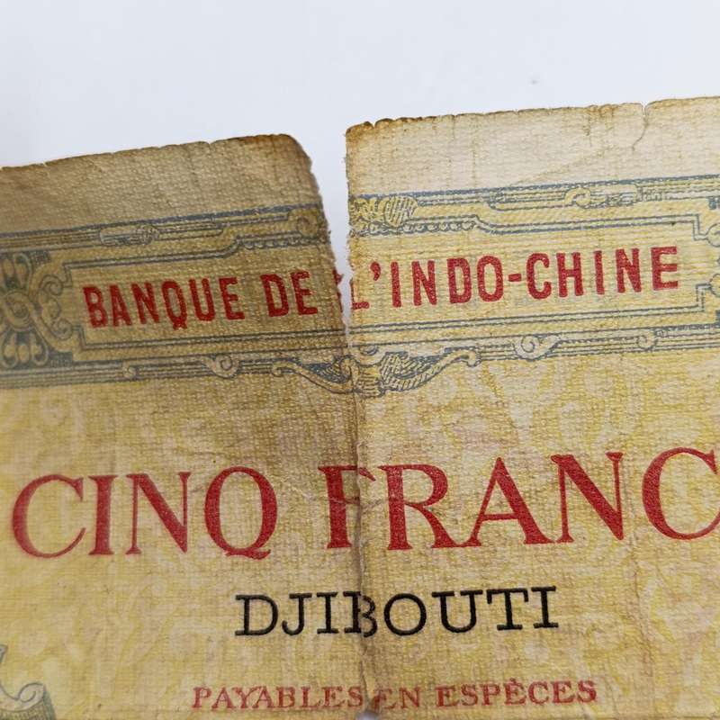 DJIBOUTI 5 Francs banknote - French Somaliland (1926-1938) well worn with tears and holes