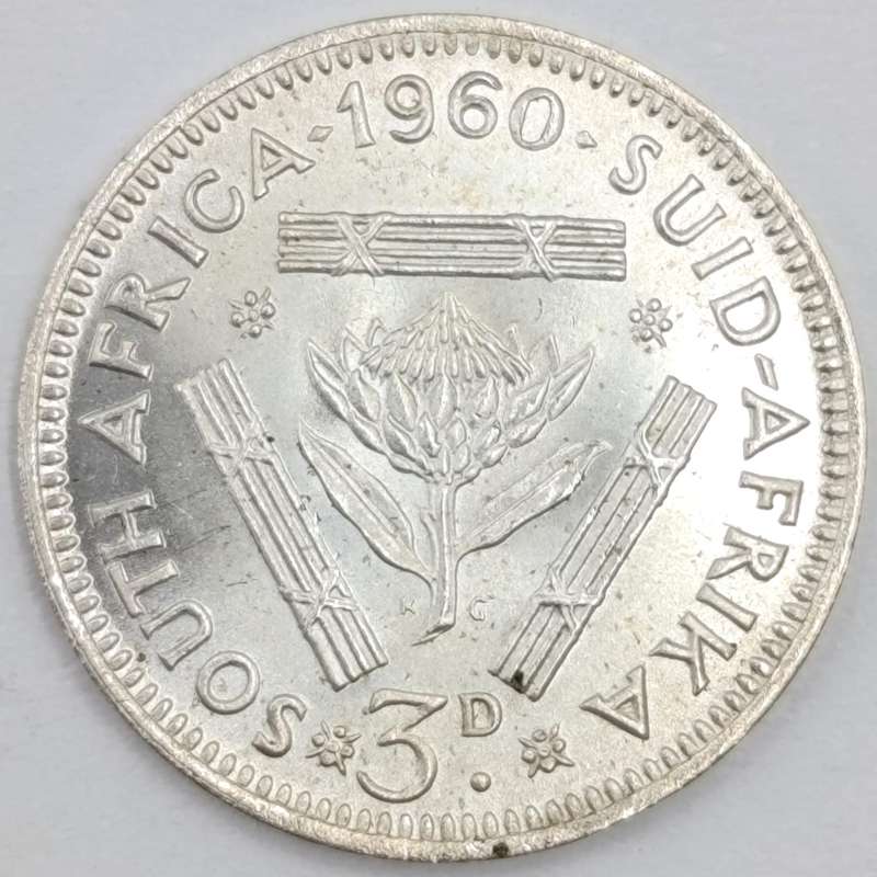 South Africa 1960 scarce 3d tickey uncirculated Low mintage of 21364