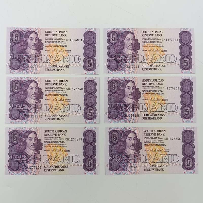 South Africa CL Stals set of 6xR5 banknotes with consecutive numbers uncirculated