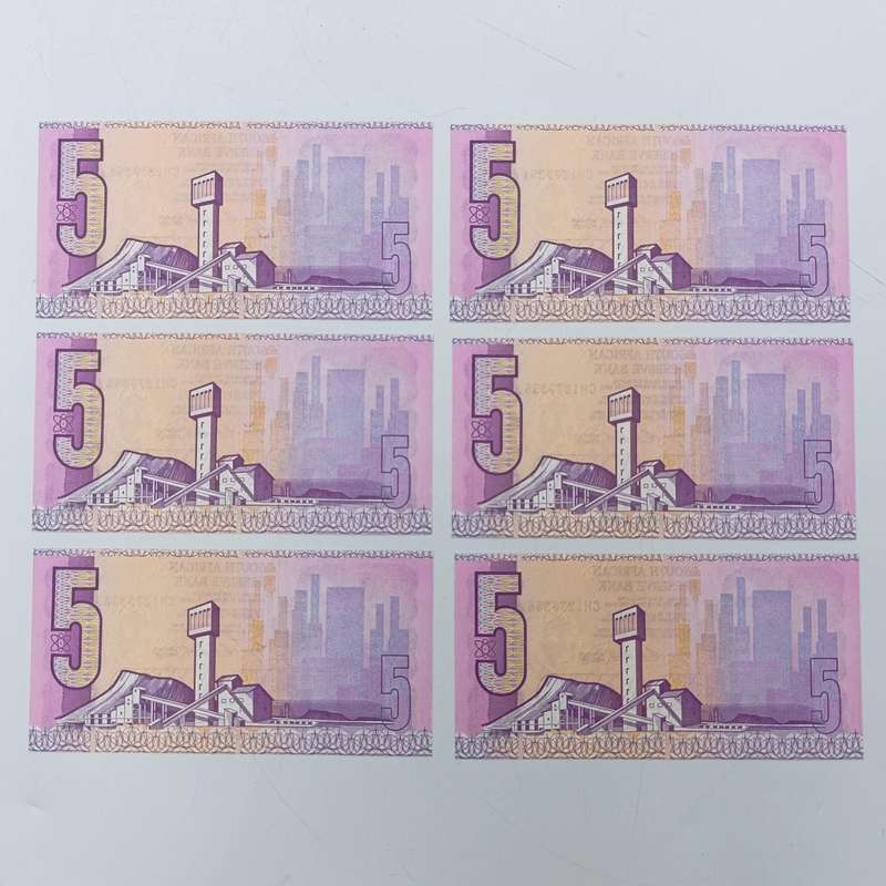 South Africa CL Stals set of 6xR5 banknotes with consecutive numbers uncirculated