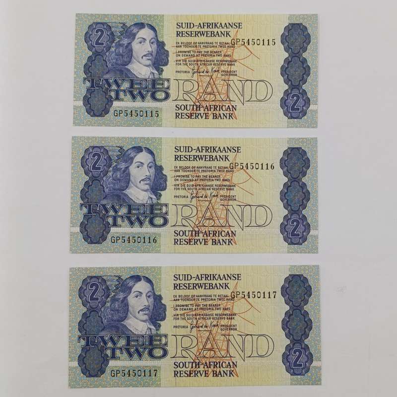 South Africa 3rd Issue GPC de Kock consecutive Lot of 3xR2 banknotes uncirculated