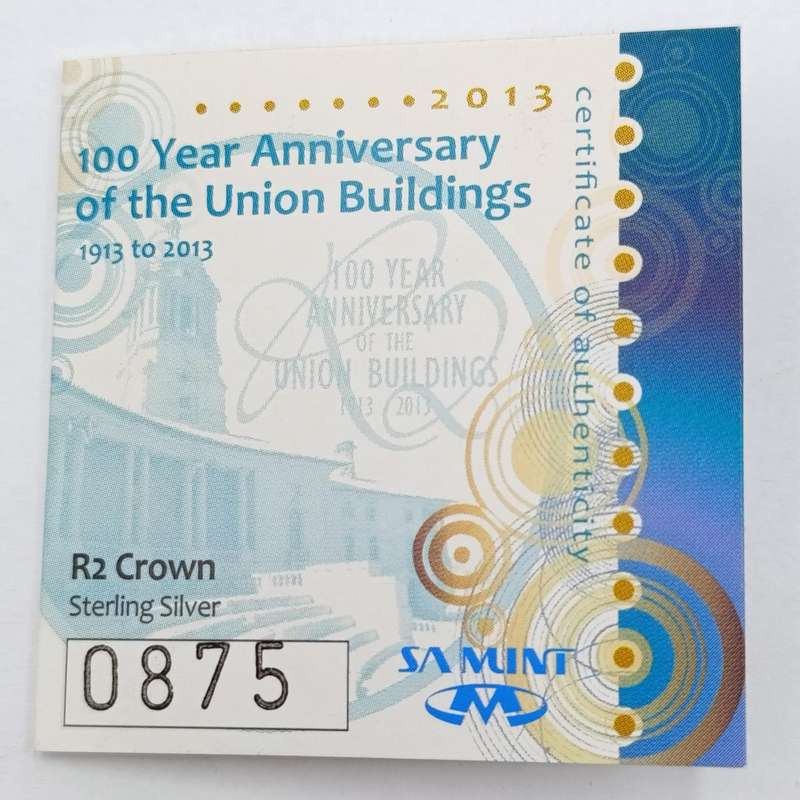 2013 RSA 1oz proof silver R2 - 100 Year Anniversary of the Union Buildings with certificate