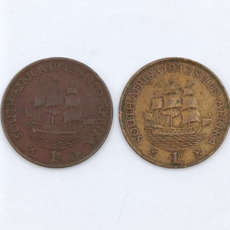 South Africa 1942 pennies with and without dot behind 2