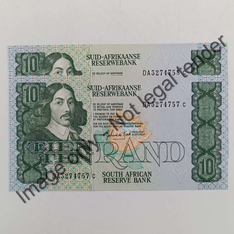 Pair of 1985 GPC de Kock R10 notes uncirculated in sequence