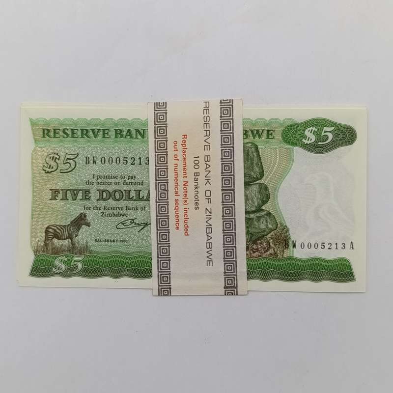 Zimbabwe $5 uncirculated  banknotes pick Salisbury 1980 lot of 4 replacement banknotes