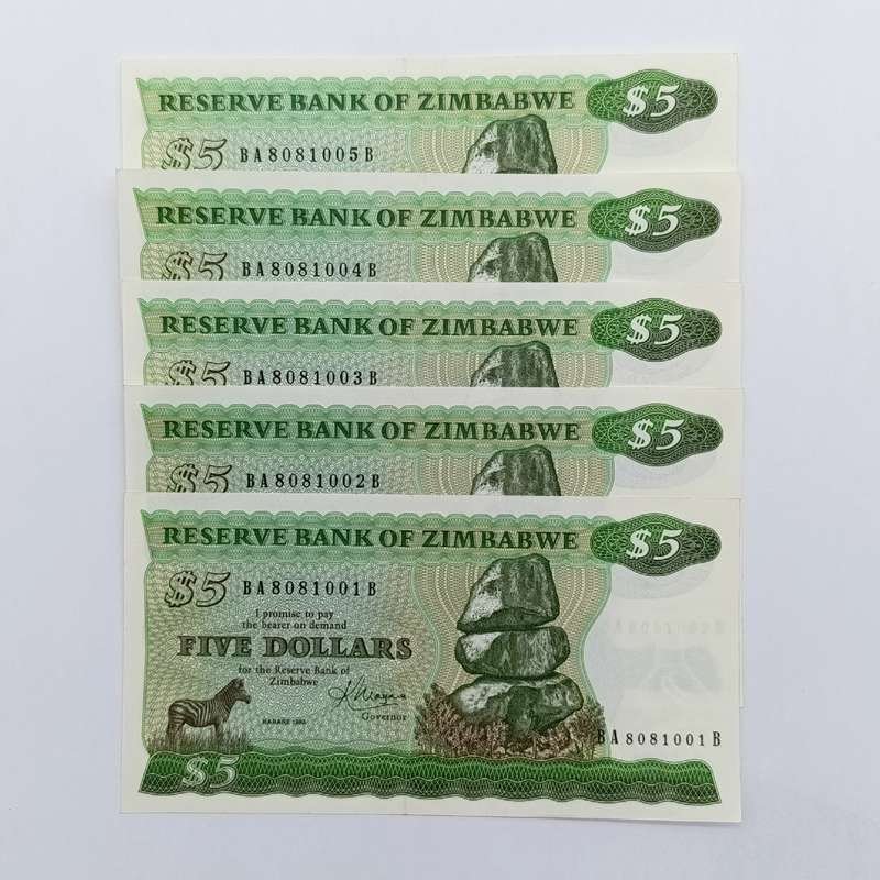 Zimbabwe 1983 Harare $5 Pick 2c lot of 5 banknotes uncirculated with consecutive numbers