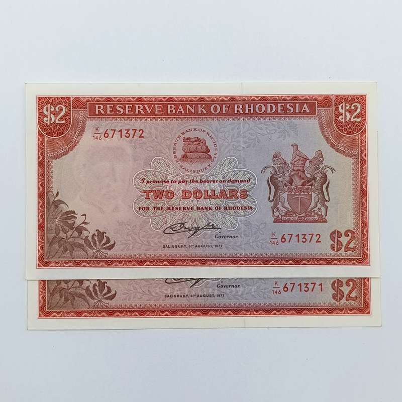 Rhodesia Two dollars banknotes Salisbury 5 August 1977 Pair of uncirculated notes