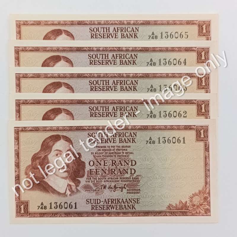 Lot of 5 x TW de Jongh first issue R1 notes uncirculated with consecutive numbers