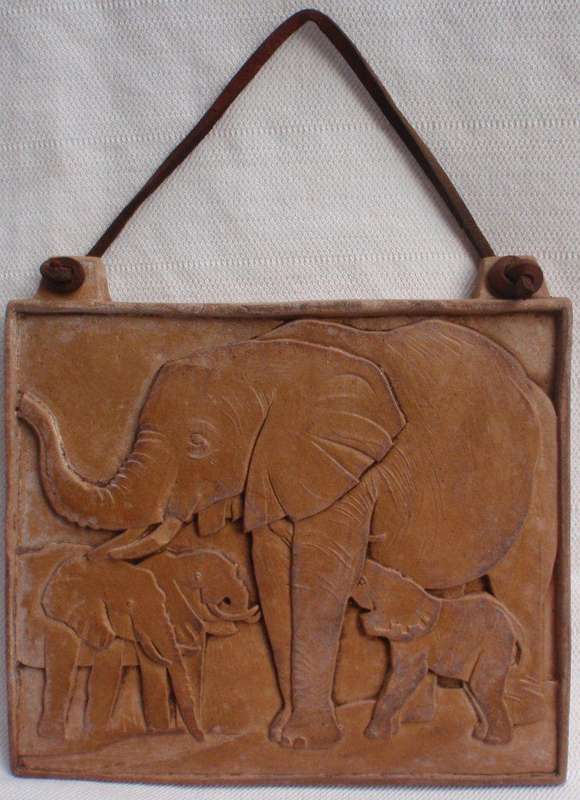 Handmade stone pottery wall hanging - beautiful elephant scene