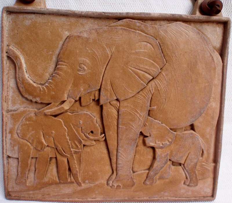 Handmade stone pottery wall hanging - beautiful elephant scene