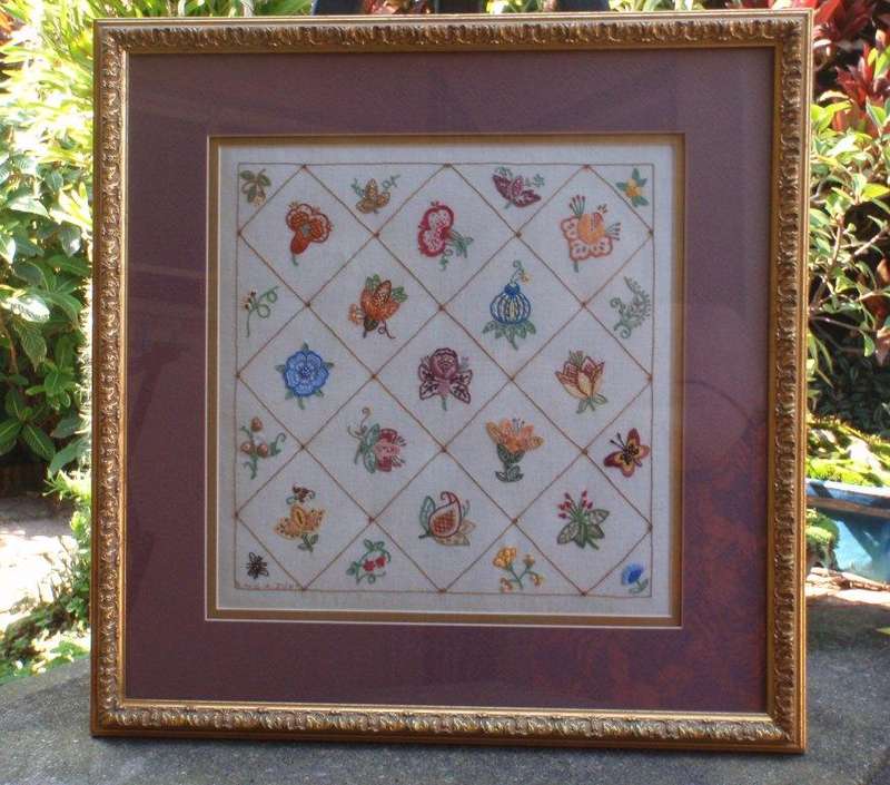 Needle art - beautiful botanical embroidery in lovely frame.