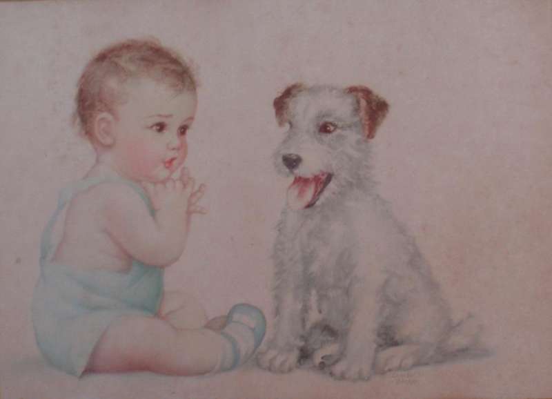 Vintage print - Playmates.  Charlotte Becker.  In original frame.