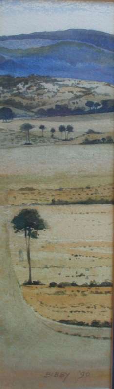 ORIGINAL `BIBBY` WATERCOLOUR.  DATED `90.  UNUSUAL LANDSCAPE. LOVELY PIECE, WELL FRAMED.