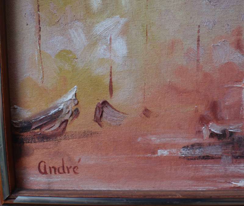 Stunning abstract boat scene - in gorgeous mellow amber hues. Impasto style art.