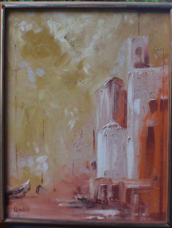 Stunning abstract boat scene - in gorgeous mellow amber hues. Impasto style art.