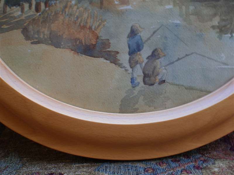 Vintage - charming original watercolour.  Boyhood memories of - Fishing Days. Oval wood frame.