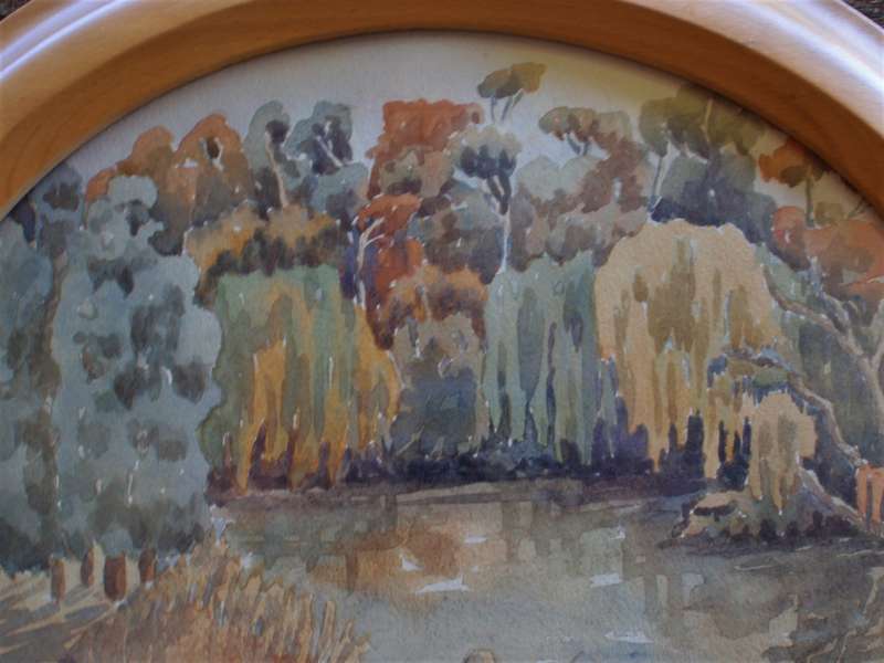 Vintage - charming original watercolour.  Boyhood memories of - Fishing Days. Oval wood frame.