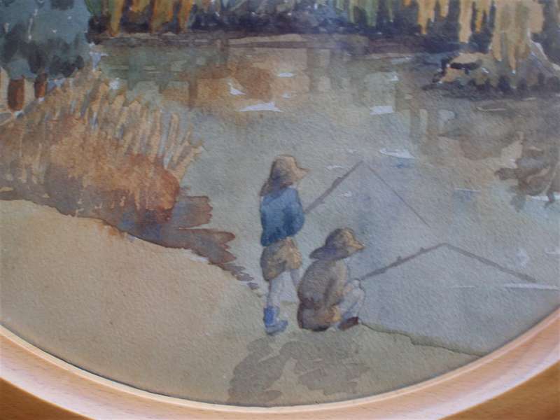 Vintage - charming original watercolour.  Boyhood memories of - Fishing Days. Oval wood frame.