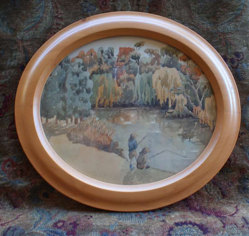 Vintage - charming original watercolour.  Boyhood memories of - Fishing Days. Oval wood frame.