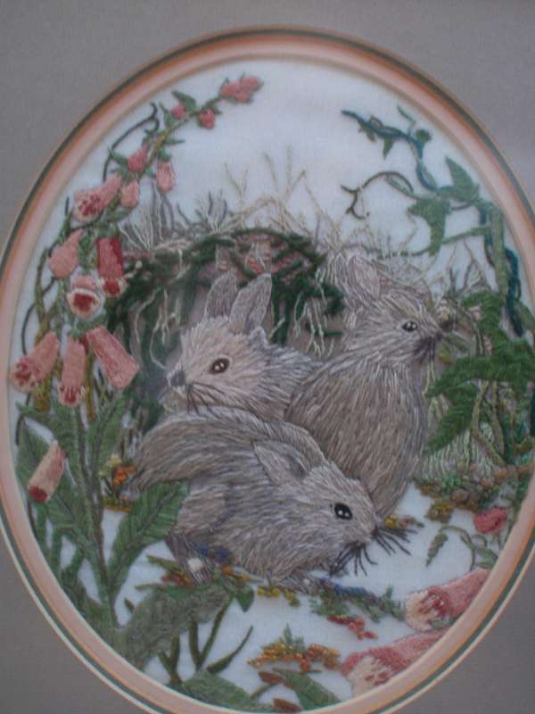 Exquisite embroidery in beautiful frame The Three Bunnies in a gorgeous garden. Stunning