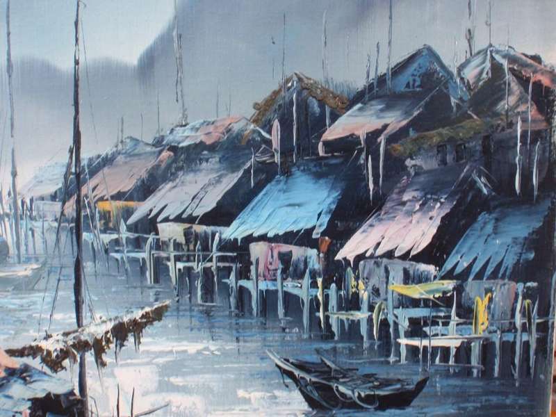 Original oil - Serene  boating scene in tranquil shades of azure. Beautifully executed piece.