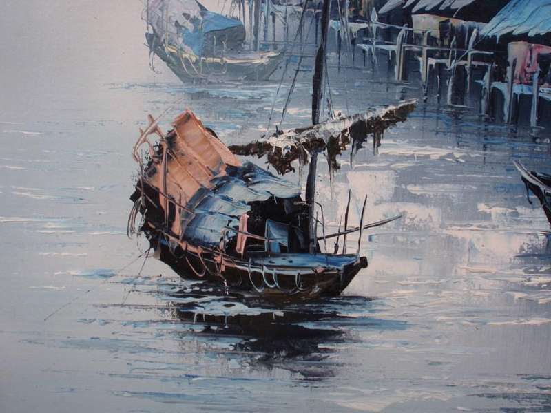 Original oil - Serene  boating scene in tranquil shades of azure. Beautifully executed piece.