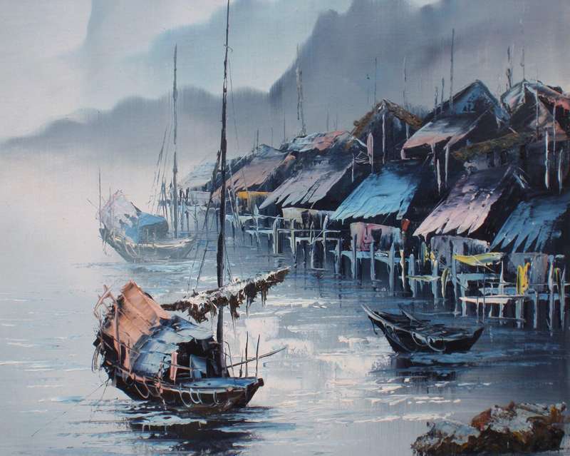 Original oil - Serene  boating scene in tranquil shades of azure. Beautifully executed piece.
