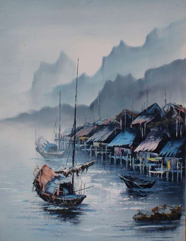 Original oil - Serene  boating scene in tranquil shades of azure. Beautifully executed piece.