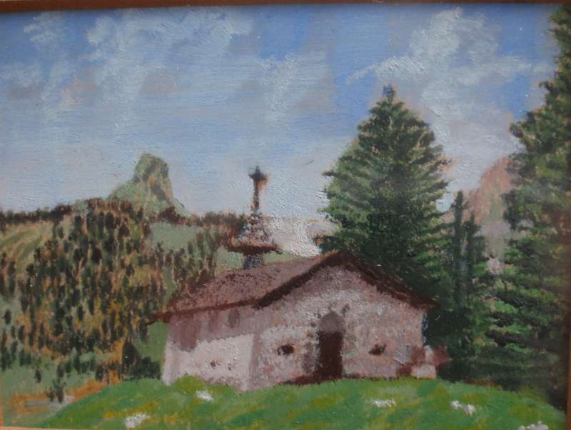 Small original painting of a church in the countryside with a pine forest.