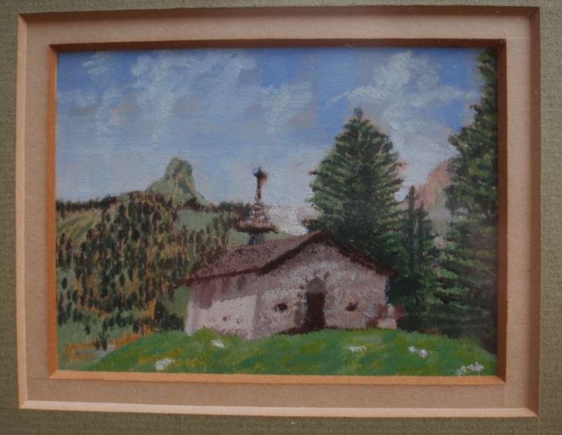 Small original painting of a church in the countryside with a pine forest.
