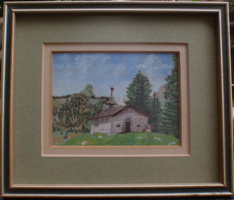 Small original painting of a church in the countryside with a pine forest.